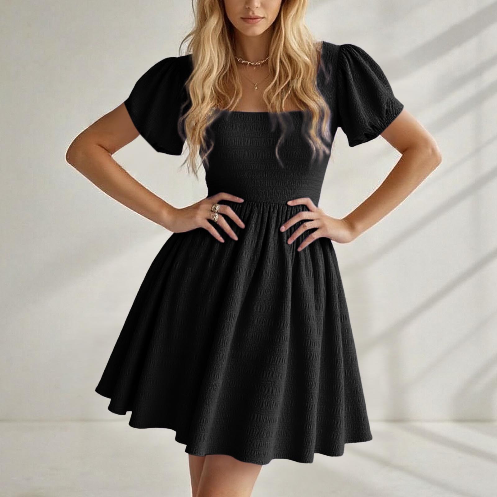 thumbnail image 2 of Vestido de cuello cuadrado 2025 para mujer - Manga abullonada, corte A - Vestido corto de verano - Cremallera trasera - Tallas S-XXL, 2 of 4